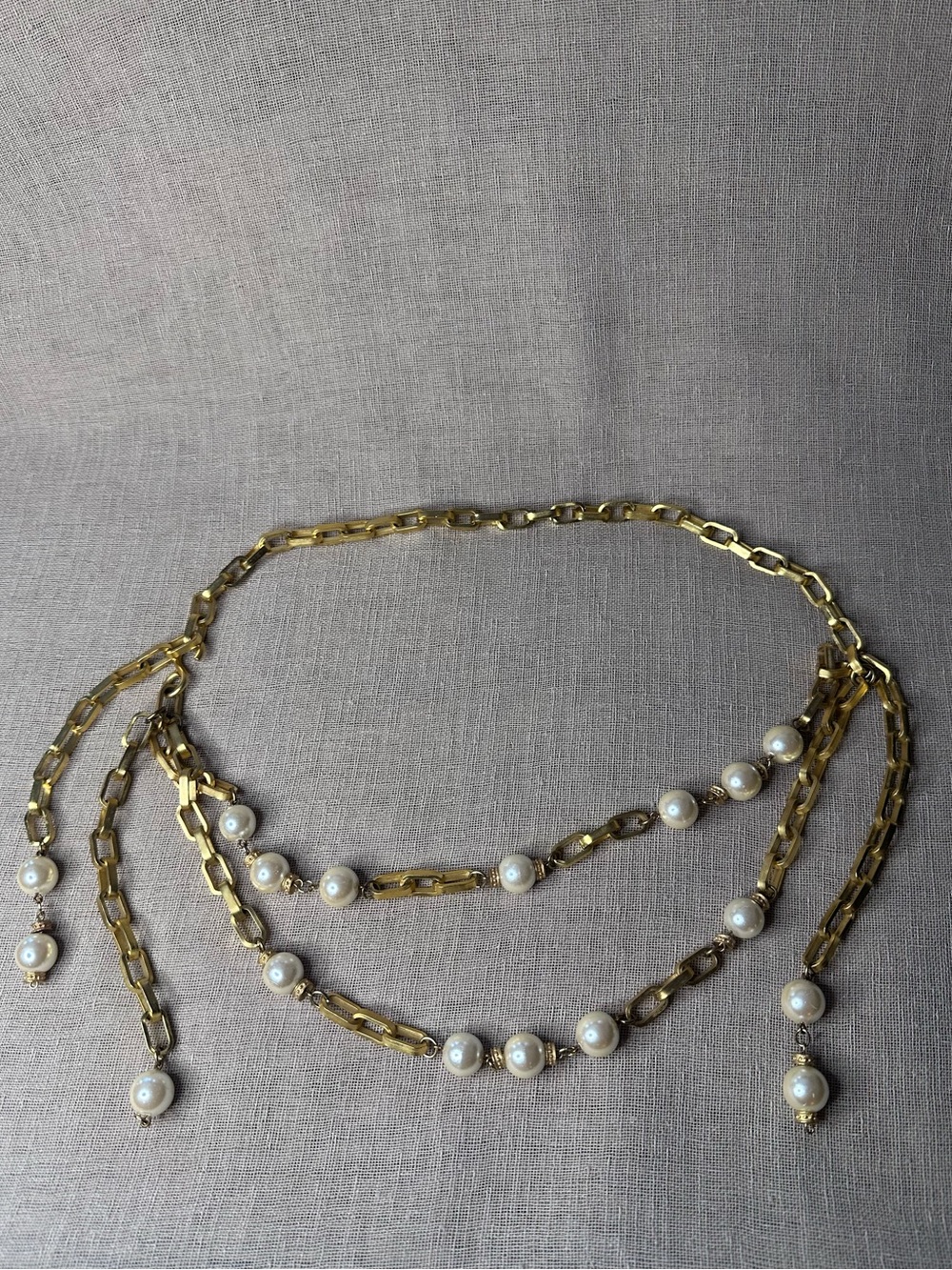 Vintage 80s Gold Chain Belt Faux Pearl Swag Link Boho Adjustable Necklace - Picture 2 of 10